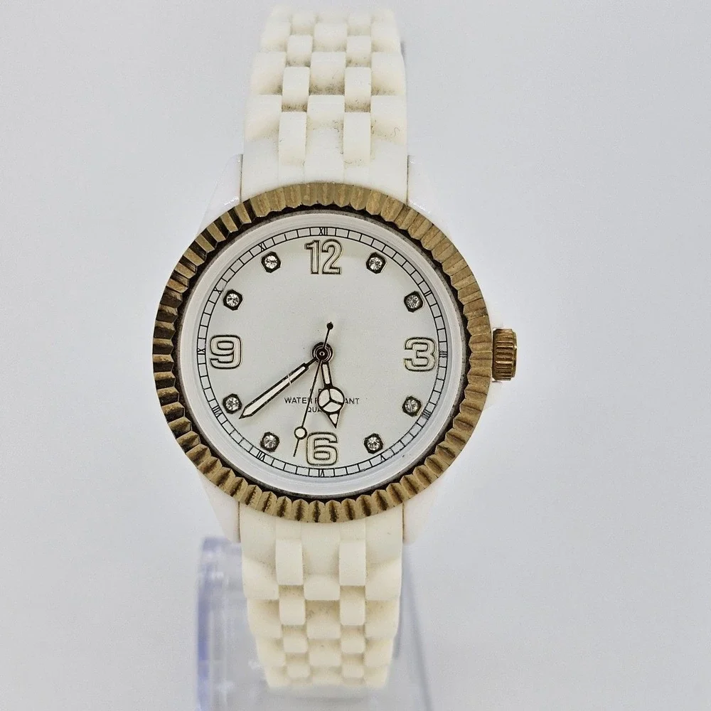 35MM Women Watch White Dial‎ Gold Bezel White Plastic Band Straps New Battery